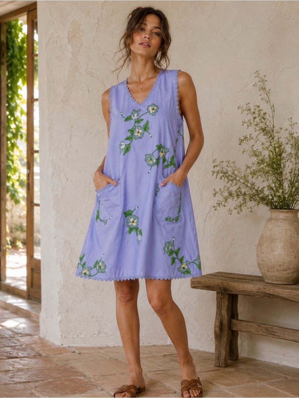 NWT Jodifl Lavender Floral Ricrac Trim Dress Size Large - Picture 2 of 7